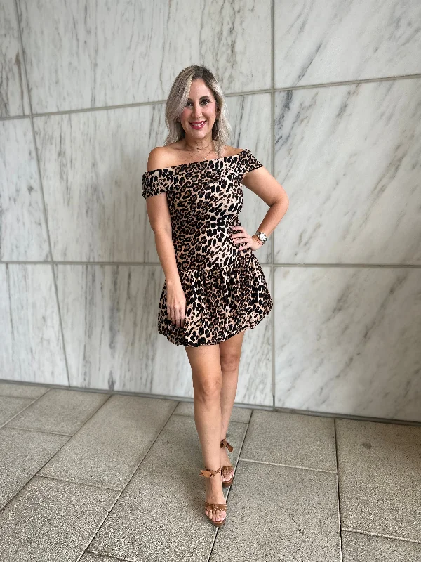 Off Shoulder Ballon Leopard Mini Dress Lace-up Mini Skirt
