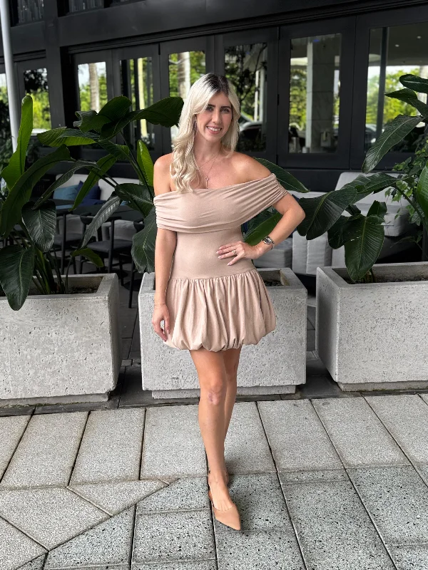 Off Shoulder Balloon Mini Dress Front Pocket Mini Skirt