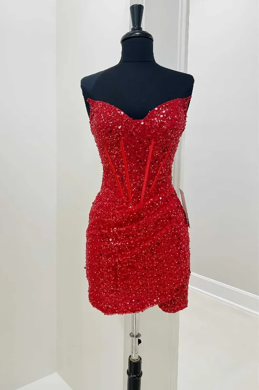 Red Sequined Sheath Mini Corset Homecoming Dress Club Dresses outfit High-waist Denim Skirt