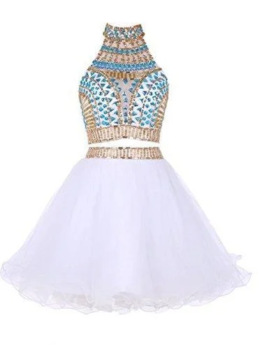 Two Piece High Neck White Tulle Short Corset Homecoming Dress 2024 with Beading Rhinestone outfits High-waist Skirt Trend Two Piece High Neck White Tulle Short Corset Homecoming Dress 2024 with Beading Rhinestone outfits High-waist Skirt Trend