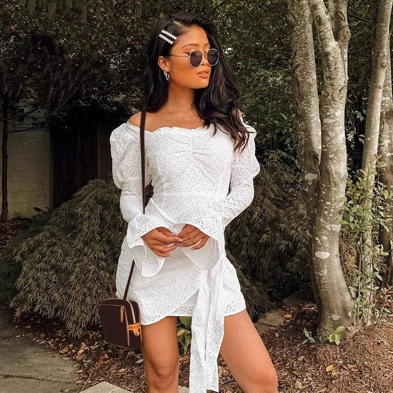 Women's Summer Mini Puff-Sleeved Sheath Dress With Ruffles Lace Mini Skirt