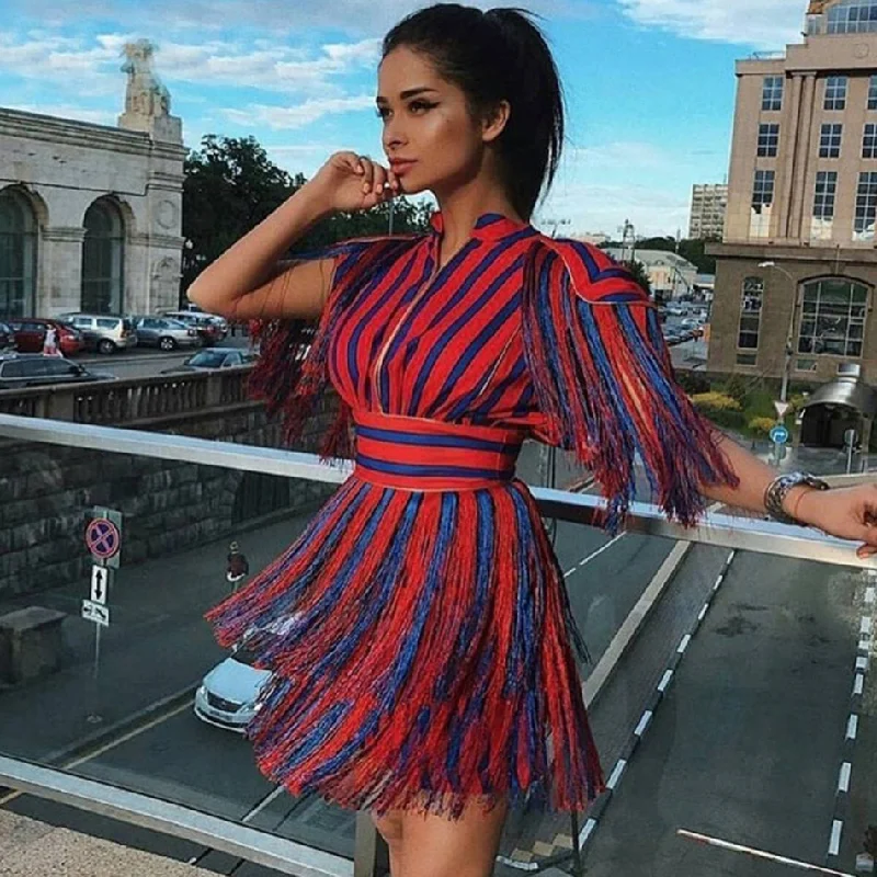 Women's Summer Short-Sleeved Striped Mini Dress With Tassels A-line Mini Skirt