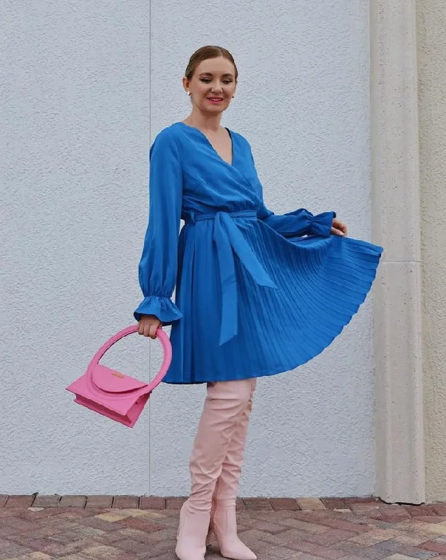 ZESICA Wrap V Neck Long Sleeve Tie Waist Pleated Mini Dress Fitted Mini Skirt